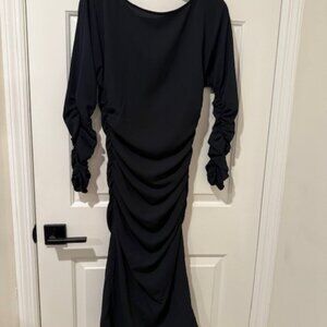 NEW BCBG Maxazria Ruched Black Midi Cocktail Dress Size 6